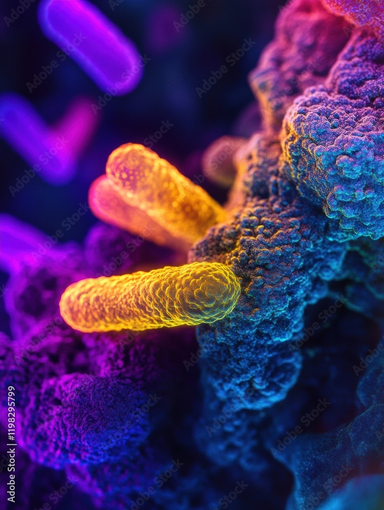 Poster exploring the intricate interaction between antibiotics and bacteria under microscope magnification.