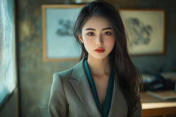 Naklejka premium A young woman with long black hair, wearing a gray blazer, looks directly at the camera.
