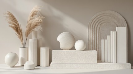 Minimalist design featuring geometric shapes, smooth textures, and a subtle gradient in neutral tones.