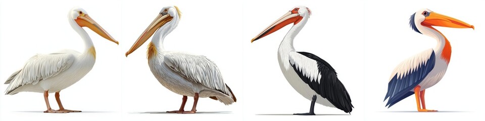 Obraz premium Four Different Pelican Species White Pelican Dalmatian Pelican Great White Pelican and Pink backed
