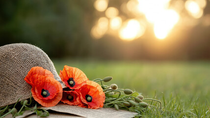 Obraz premium beautiful arrangement of poppies beside straw hat at sunset