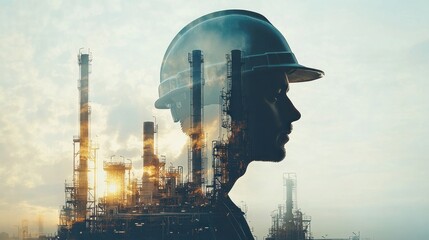 Double exposure of refinery worker's profile and industrial plant at sunset.
