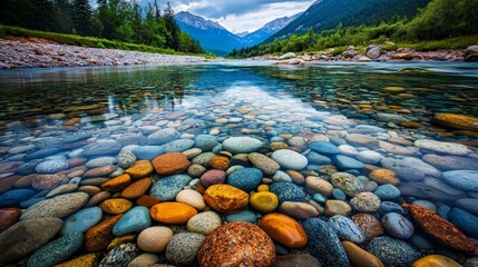 Naklejka premium Serene Riverbed Filled with Colorful Stones Beneath Clear Water Surrounded by Lush Greenery and Majestic Mountains in the Distance