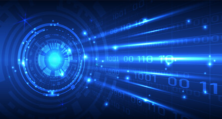 Futuristic digital concept with abstract glowing circles and binary code streams. Perfect for technology, innovation, and AI related projects.