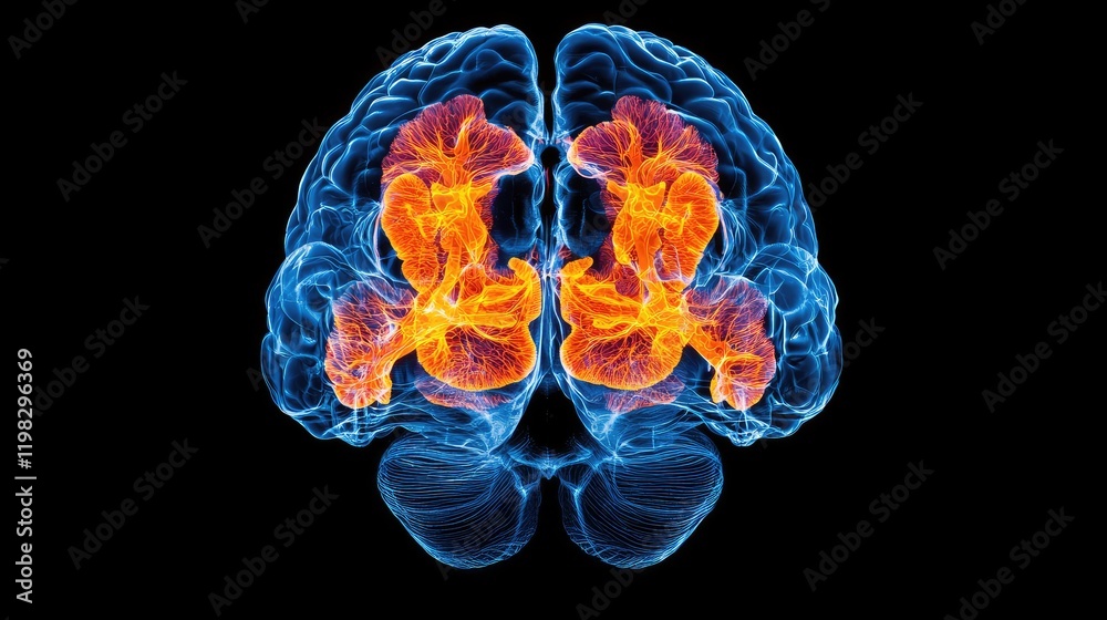 Poster minimalist rendering of a digital brain scan with highlighted areas in a futuristic medical theme.