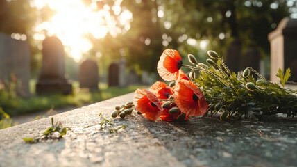 bouquet of vibrant red poppies resting on gravestone in sunlight