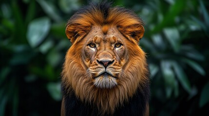 Fototapeta premium Majestic lion portrait, jungle backdrop, wildlife photography, nature documentary