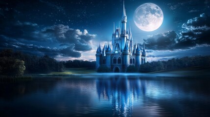 A Majestic Crystal Palace Towering Under the Night Sky, Bathed in Moonlight, Reflecting on Still Waters with a Mystical Atmosphere