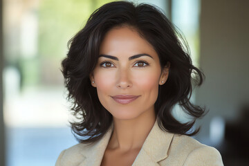Fototapeta premium Professional woman smiling confidently in modern office environment