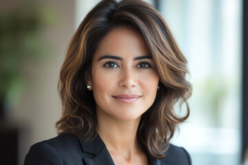 Fototapeta premium Confident Businesswoman Smiling in Professional Attire with Natural Light Background
