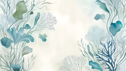 Fototapeta premium AI GENERATE, Abstract underwater botanical design with floating algae and coral shapes in soft blues and greens