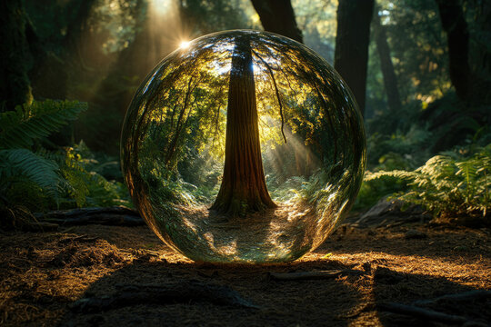 A crystal ball captures a sunlit redwood forest scene, showcasing nature's serenity and majestic trees.