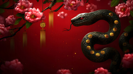 Obraz premium A creative snake illustration crafted from gold coins and floral patterns, set against a vibrant red backdrop, representing wealth and renewal for Chinese New Year celebrations 