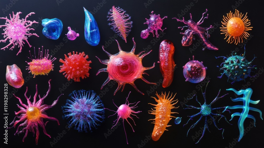 Aufkleber colorful sequence showcasing evolving bacteria in various forms and textures under black backdrop. g
