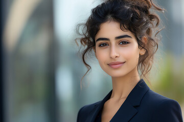 Fototapeta premium Confident young woman with curly hair in a professional blazer, outdoor portrait