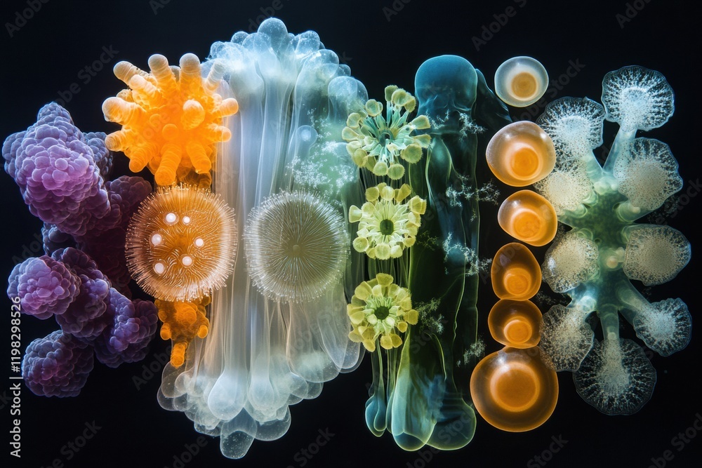 Leinwandbilder evolution of bacteria showcasing diverse shapes and colors in a biological study setting. generative