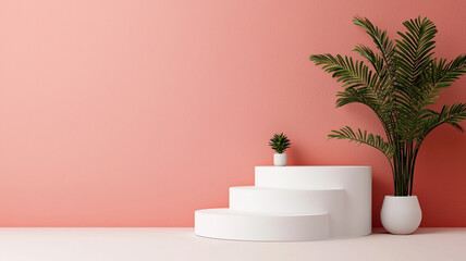 Modern podiums with plants against coral wall create serene atmosphere