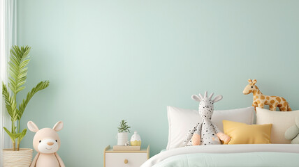 Adorable kids bedroom with pastel walls, soft rug, and playful decor