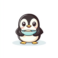 Obraz premium Cute penguin holding a bowl. Simple background suitable for children's content