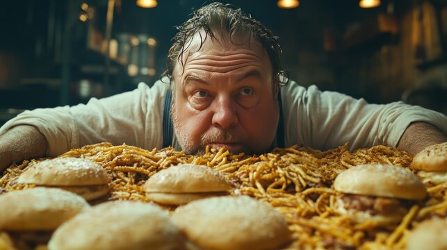 Man ravenously eating huge burger and fries pile