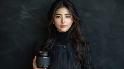 Elegant Woman with Dark Hair Holding a Jar Against a Dark Background