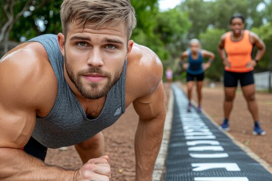 Young man performing push-ups while two women observe and motivate at an outdoor fitness training session