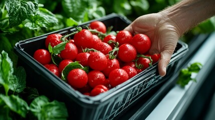 Hand selecting fresh red tomatoes from a harvest at a local farm in the morning