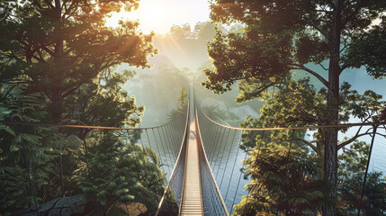 Fototapeta premium Bridge spans a river with a foggy sky in the background. The bridge is surrounded by trees and grass, creating a peaceful and serene atmosphere