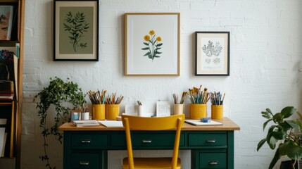 Fototapeta premium Cozy workspace filled with art supplies and plants for creative inspiration and productivity