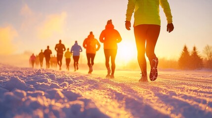 New Year Fitness Inspiration with Group Running at Sunrise in Winter Wonderland Setting
