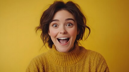 Young Woman Wearing Yellow Sweater Expresses Surprise