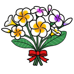 A beautiful bouquet of frangipani flowers with a red bow. Draw in vector style.