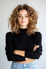 Fototapeta premium Beautiful young woman with curly hair wearing a black sweater poses confidently in a neutral setting