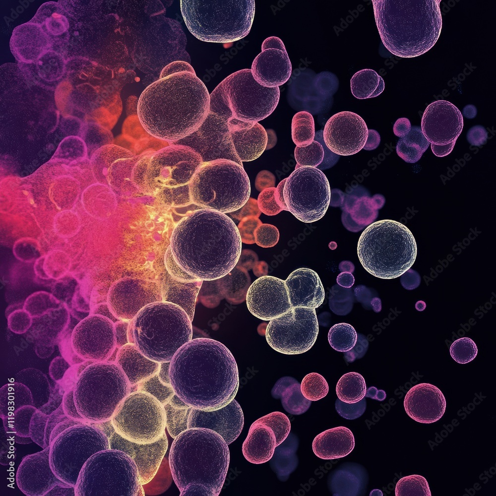 Aufkleber evolving bacteria showcasing diverse shapes and colors in a vibrant microscopic environment. generat
