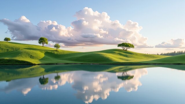 Vast cumulus clouds drift across a serene, light blue sky, casting gentle shadows on a lush, emerald-green hillside below, creating an idyllic natural tableau