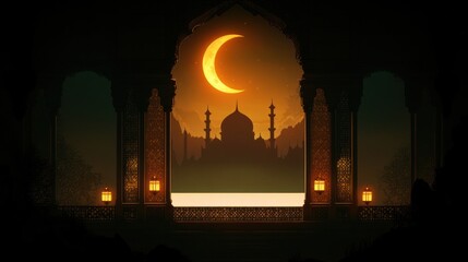 Crescent moon over mosque, viewed from ornate balcony at night, Ramadan greeting card