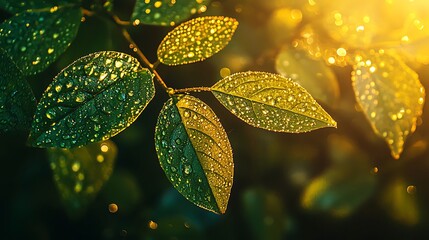 Golden sunlight filtering through a dense canopy tropical rainforest highlighting dewdrops on lush green leaves
