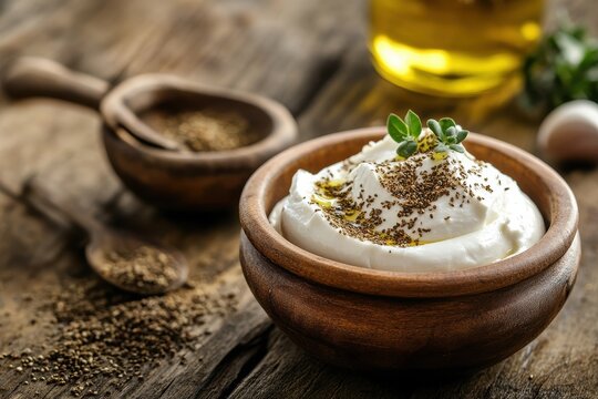 Close up of homemade labneh dip with olive oil and za atar Traditional Middle Eastern or Arabian yogurt