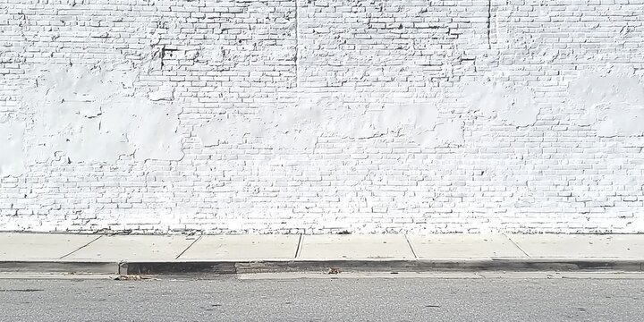 A well-maintained sidewalk runs parallel to a textured white brick wall.