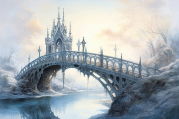 a fabulous winter landscape with a majestic Gothic bridge spanning a frozen river.  