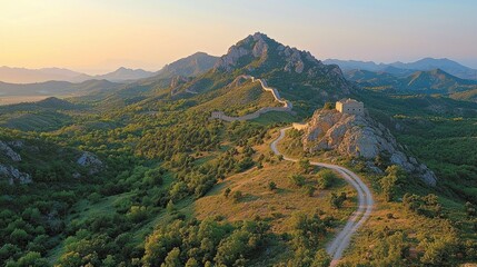 Majestic Sunset View of the Great Wall of China Winding Through Mountainous Terrain