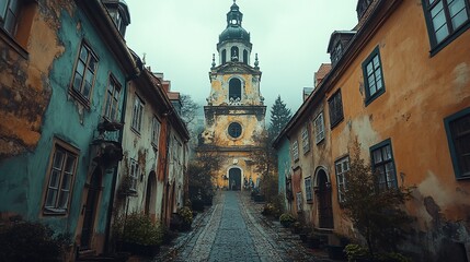 Obraz premium Misty cobblestone street, old European town, church, autumn