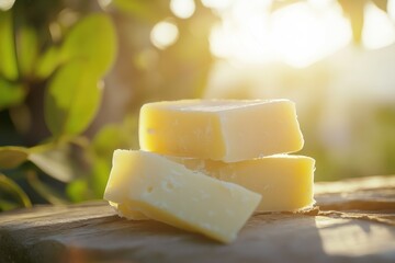 Close up of outdoor Manchego cheese made from cow sheep and goat milk in morning sunlight