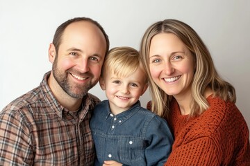 Happy Family Portrait Studio Shot Parents Child Smiling Joyful Authentic Natural Expressions Love Togetherness boy mom  