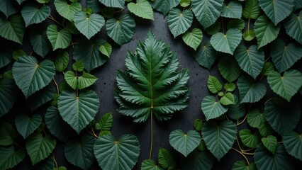 Fototapeta premium A dark green leaf rests against a sleek black backdrop dotted with overlapping foliage. Eye-level view highlights intricate veins and tiny perforations, creating an organic tapestry