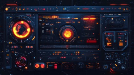 Obraz premium Futuristic digital interface with glowing orange and red elements.