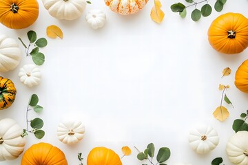 Fototapeta premium Beautiful Arrangement of White and Orange Pumpkins Surrounded by Greenery and Autumn Leaves on a White Background for Seasonal Decor or Harvest Themes