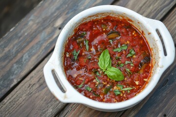 Close up view of eggplant Parmesan with tomato sauce and basil in a white dish