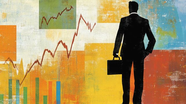 Businessman Holding a Briefcase with Stock Market Graph Integrated into His Silhouette in a Colorful Abstract Design Representing Financial Growth and Success