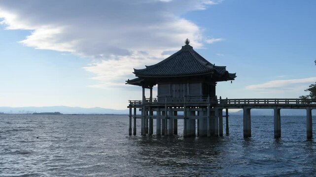 Morning view of of Ukimido shrine from lake Biwa, Japan